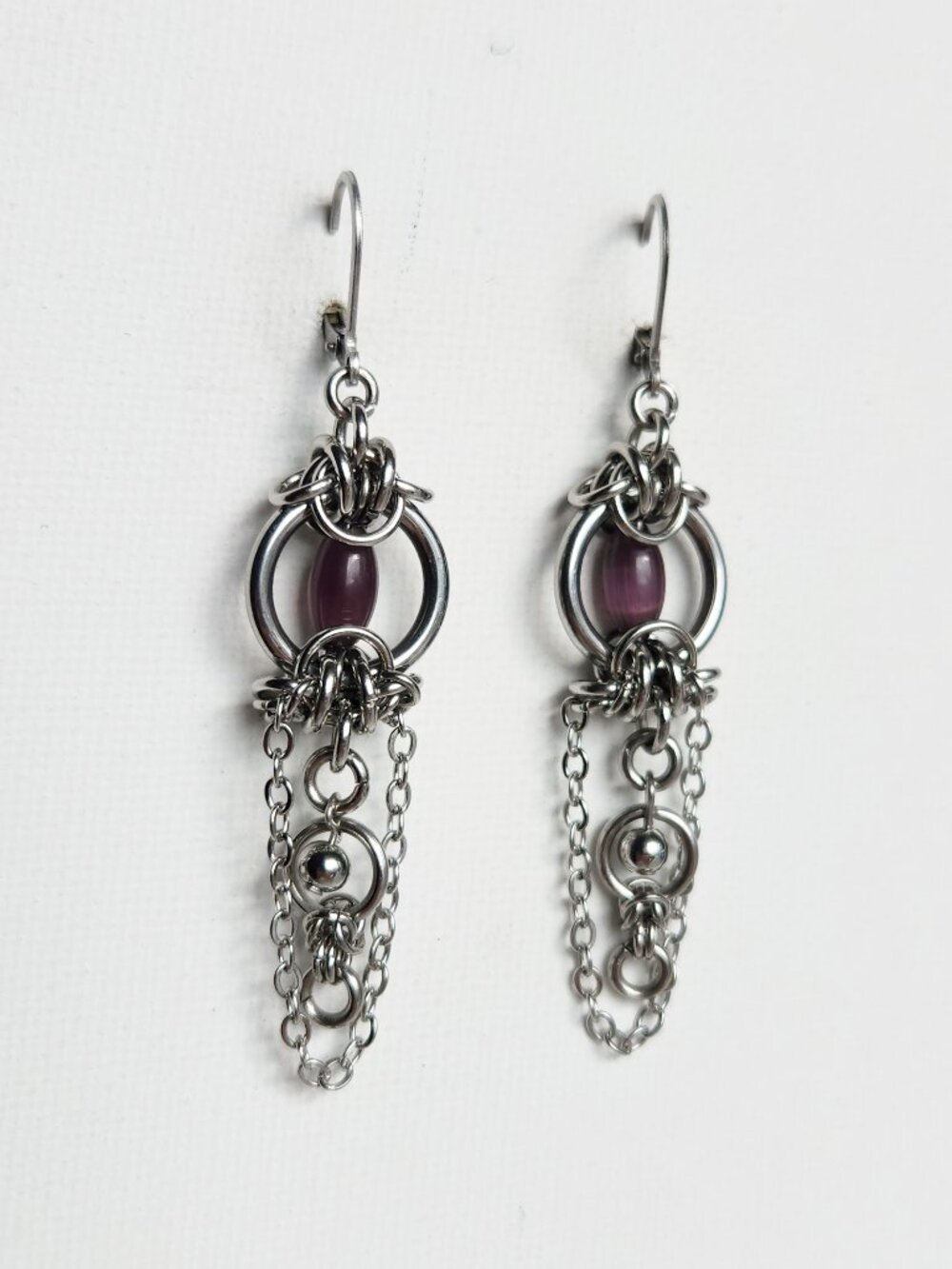 Whimsigoth long silver and purple chainmail earrings